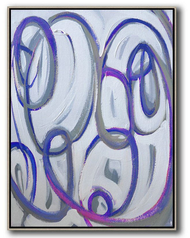 Vertical Contemporary Art,Xl Large Canvas Art,Blue,White,Pink,Purple